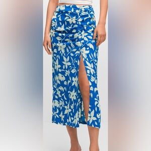 MANGO Blue and White printed Floral Midi skirt with a Side Slit